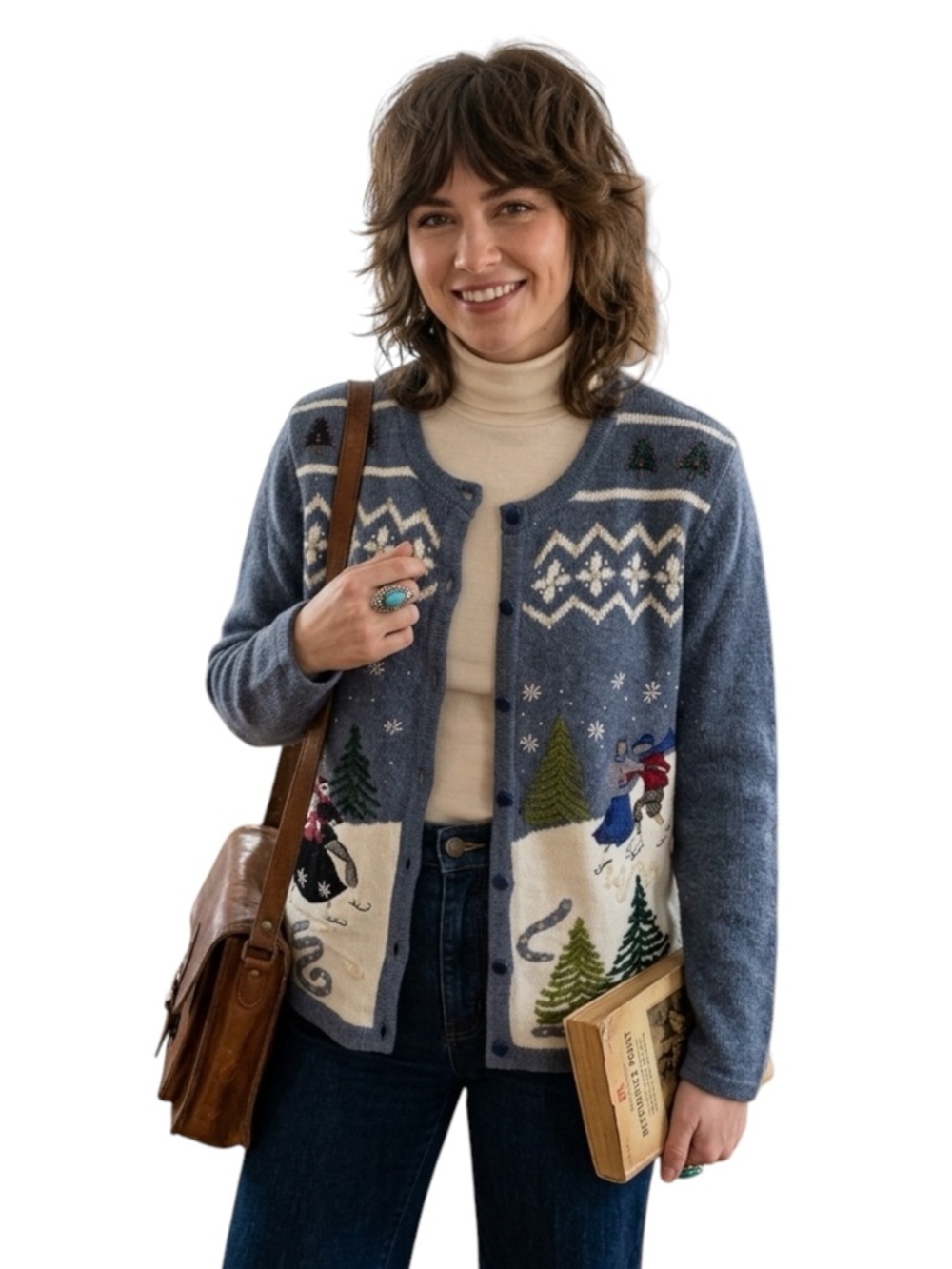 Winter Scene Vintage Sweater Cardigan Embroidered Beaded Reference Point Medium